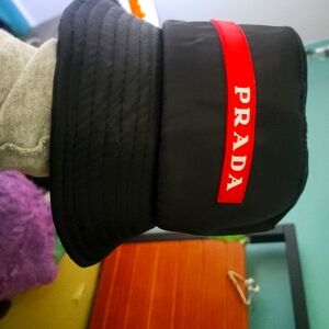 Prada Black Bucket Hat with Red Logo